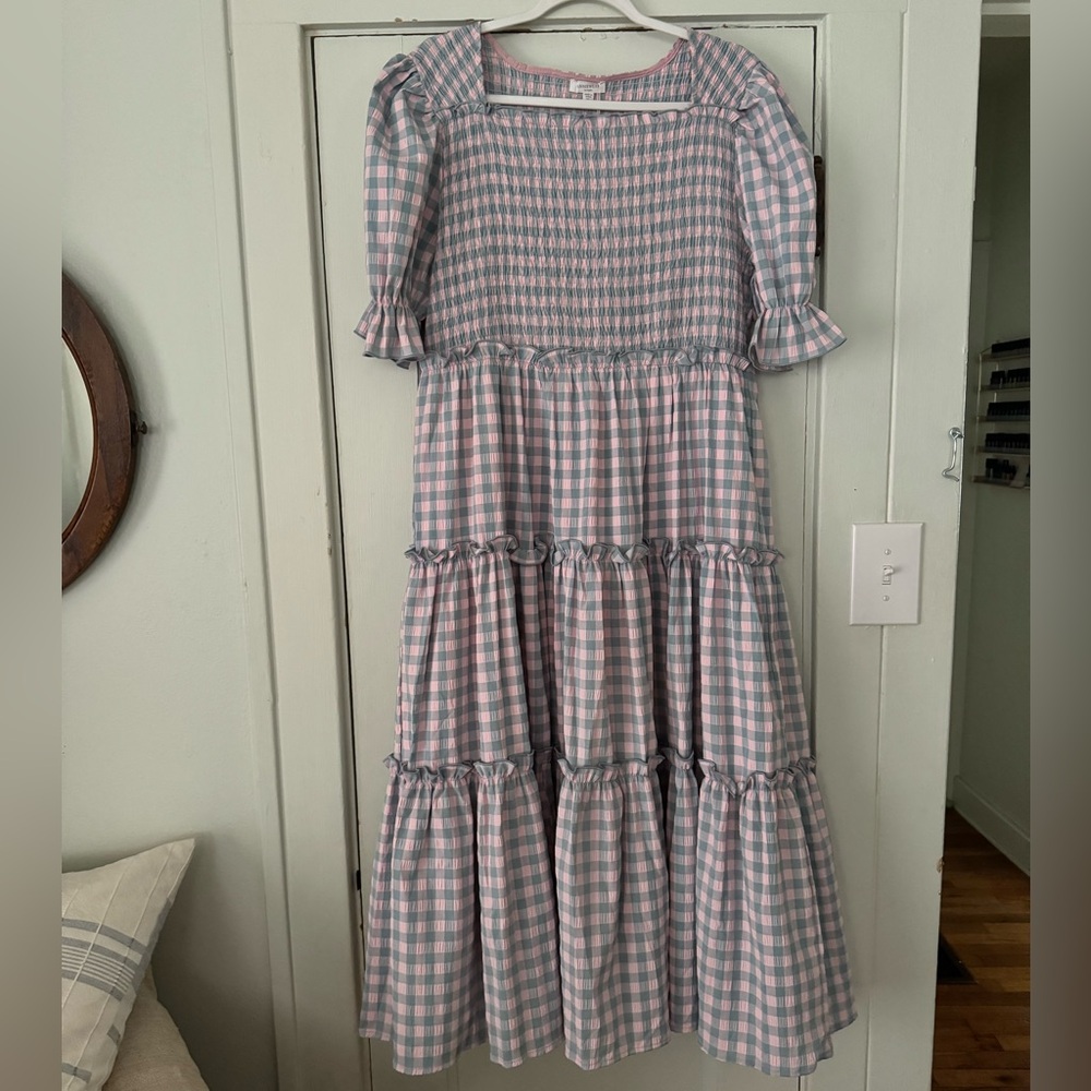 ANNIEWEAR Pink and Blue Gingham Ruched Dress